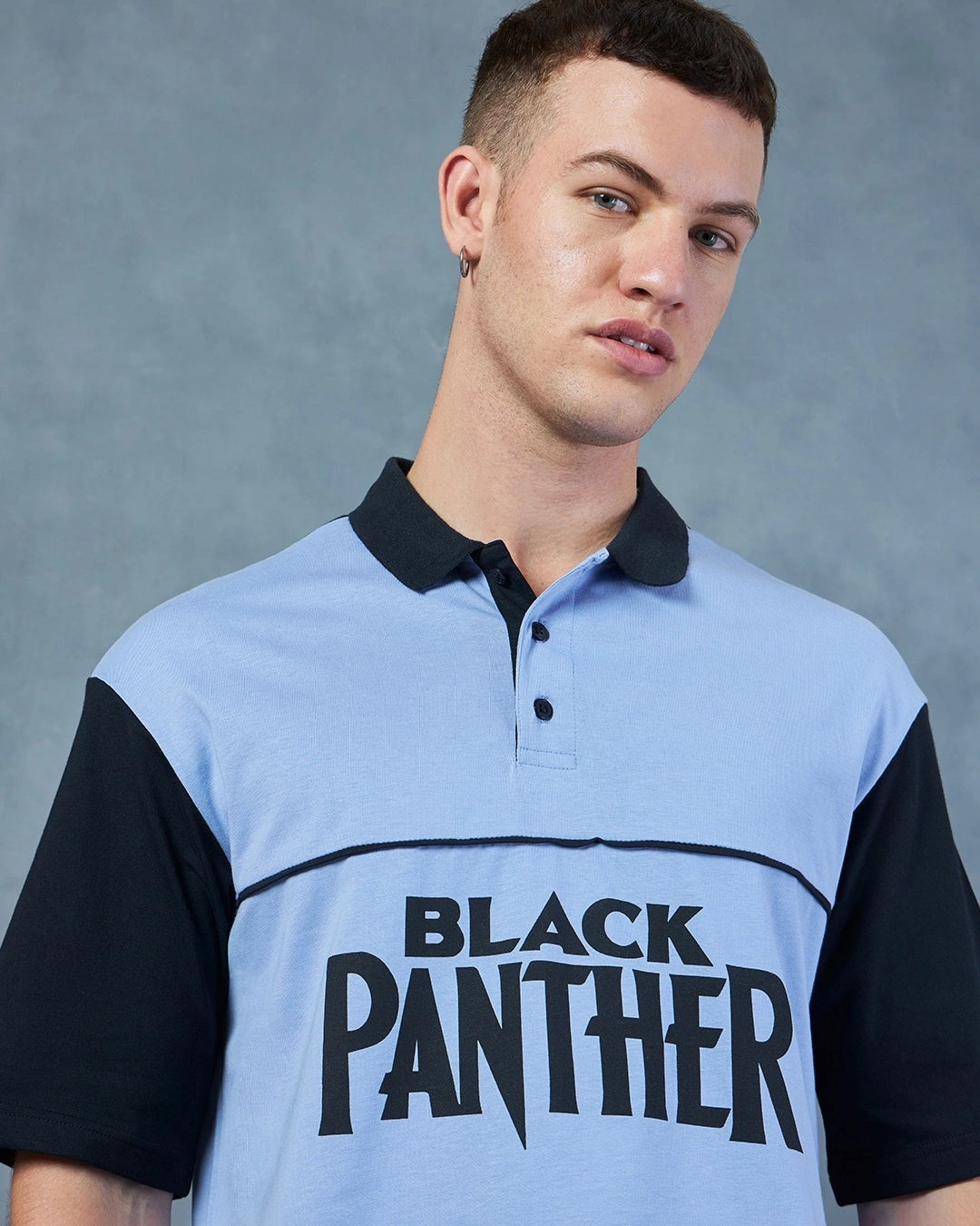Men's Blue Black Panther Graphic Printed Oversized Polo T-shirt